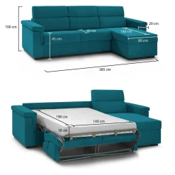 Divano Letto con Penisola Azzurro Sfoderabile Contenitore 285x160 cm, Idrorepellente Multiposizione Trasformabile in Letto Made in Italy - Priverno