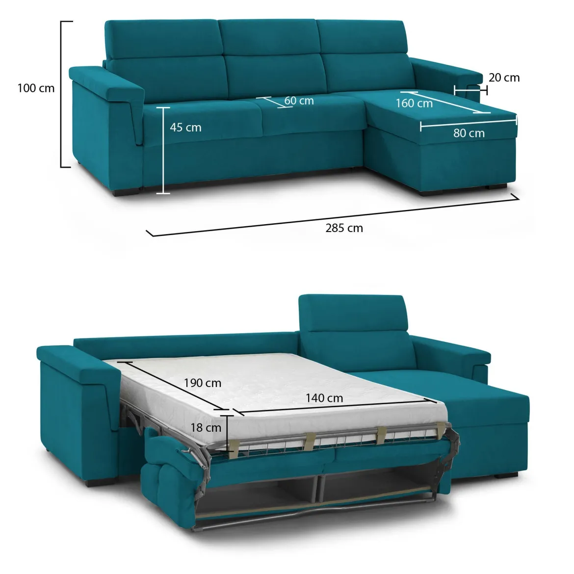 Divano Letto con Penisola Azzurro Sfoderabile Contenitore 285x160 cm, Idrorepellente Multiposizione Trasformabile in Letto Made in Italy - Priverno
