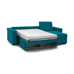 Divano Letto con Penisola Azzurro Sfoderabile Contenitore 285x160 cm, Idrorepellente Multiposizione Trasformabile in Letto Made in Italy - Priverno