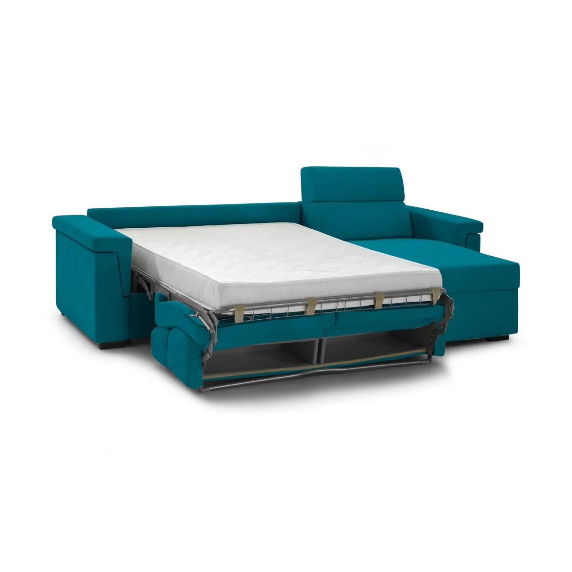 Divano Letto con Penisola Azzurro Sfoderabile Contenitore 285x160 cm, Idrorepellente Multiposizione Trasformabile in Letto Made in Italy - Priverno