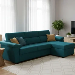 Divano Letto con Penisola Azzurro Sfoderabile Contenitore 285x160 cm, Idrorepellente Trasformabile in Letto Rete Elettrosaldata Made in Italy - Esca