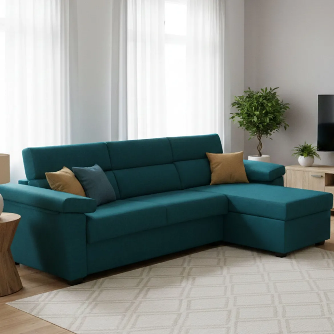 Divano Letto con Penisola Azzurro Sfoderabile Contenitore 285x160 cm, Idrorepellente Trasformabile in Letto Rete Elettrosaldata Made in Italy - Esca