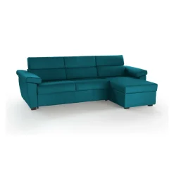 Divano Letto con Penisola Azzurro Sfoderabile Contenitore 285x160 cm, Idrorepellente Trasformabile in Letto Rete Elettrosaldata Made in Italy - Esca