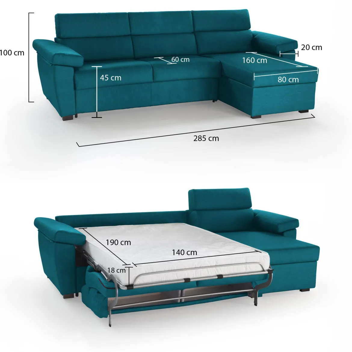 Divano Letto con Penisola Azzurro Sfoderabile Contenitore 285x160 cm, Idrorepellente Trasformabile in Letto Rete Elettrosaldata Made in Italy - Esca