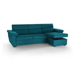 Divano Letto con Penisola Azzurro Sfoderabile Contenitore 285x160 cm, Idrorepellente Trasformabile in Letto Rete Elettrosaldata Made in Italy - Esca