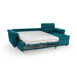Divano Letto con Penisola Azzurro Sfoderabile Contenitore 285x160 cm, Idrorepellente Trasformabile in Letto Rete Elettrosaldata Made in Italy - Esca