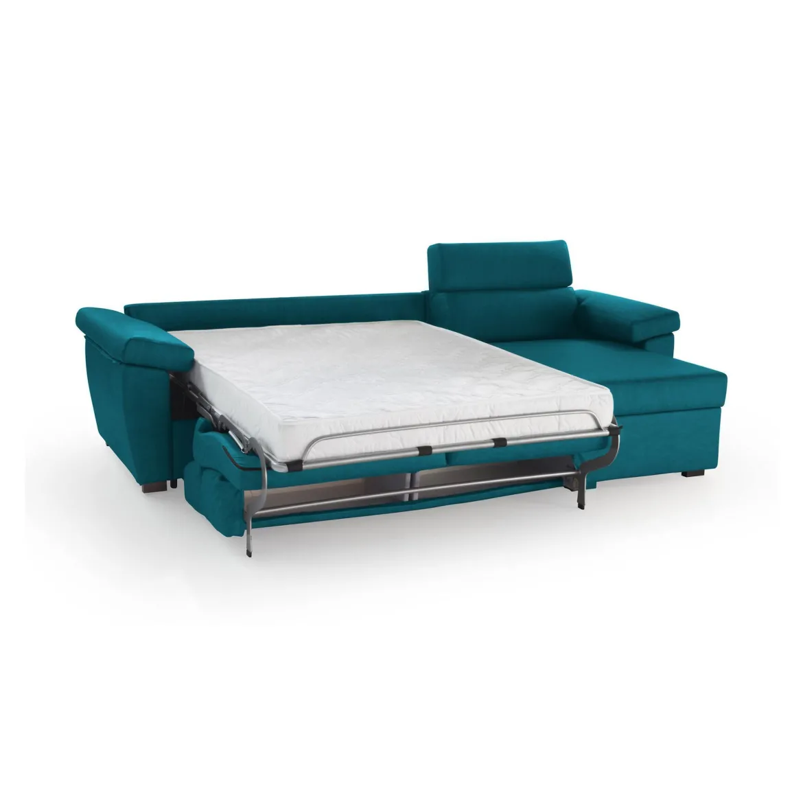 Divano Letto con Penisola Azzurro Sfoderabile Contenitore 285x160 cm, Idrorepellente Trasformabile in Letto Rete Elettrosaldata Made in Italy - Esca