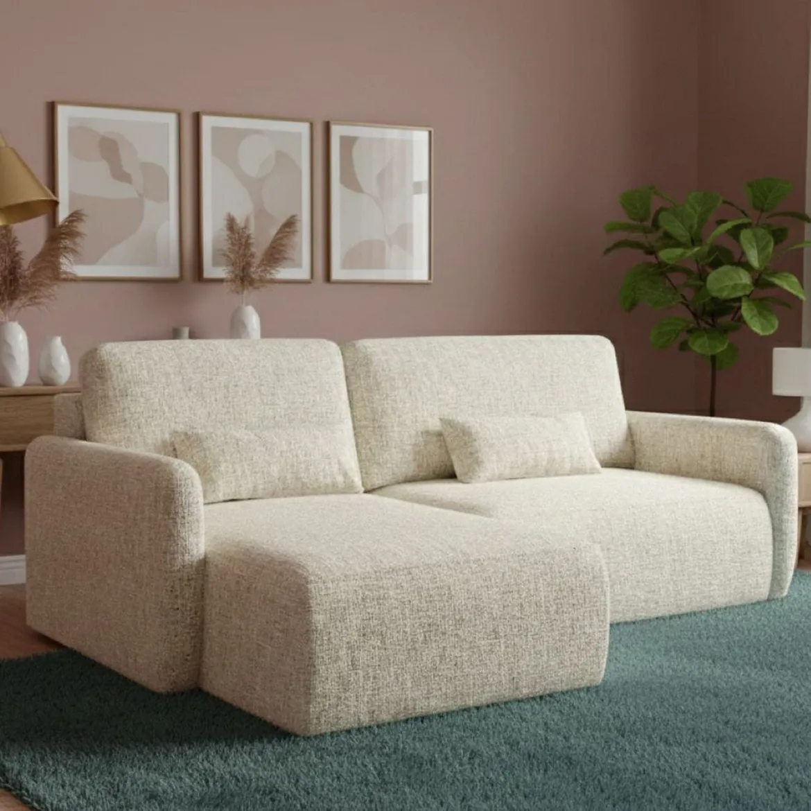 Divano Letto con Penisola Beige Chiaro Contenitore Reclinabile 207x148 cm, Reversibile - Pagno