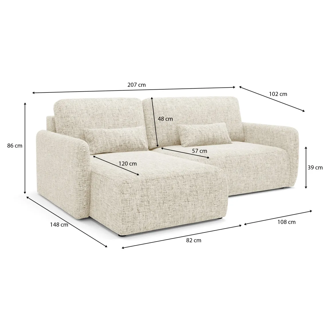 Divano Letto con Penisola Beige Chiaro Contenitore Reclinabile 207x148 cm, Reversibile - Pagno