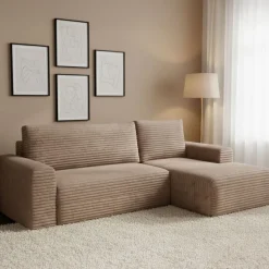 Divano Letto con Penisola Beige Contenitore Reclinabile 268x163 cm, Cuscini Sfoderabili - Folgarida