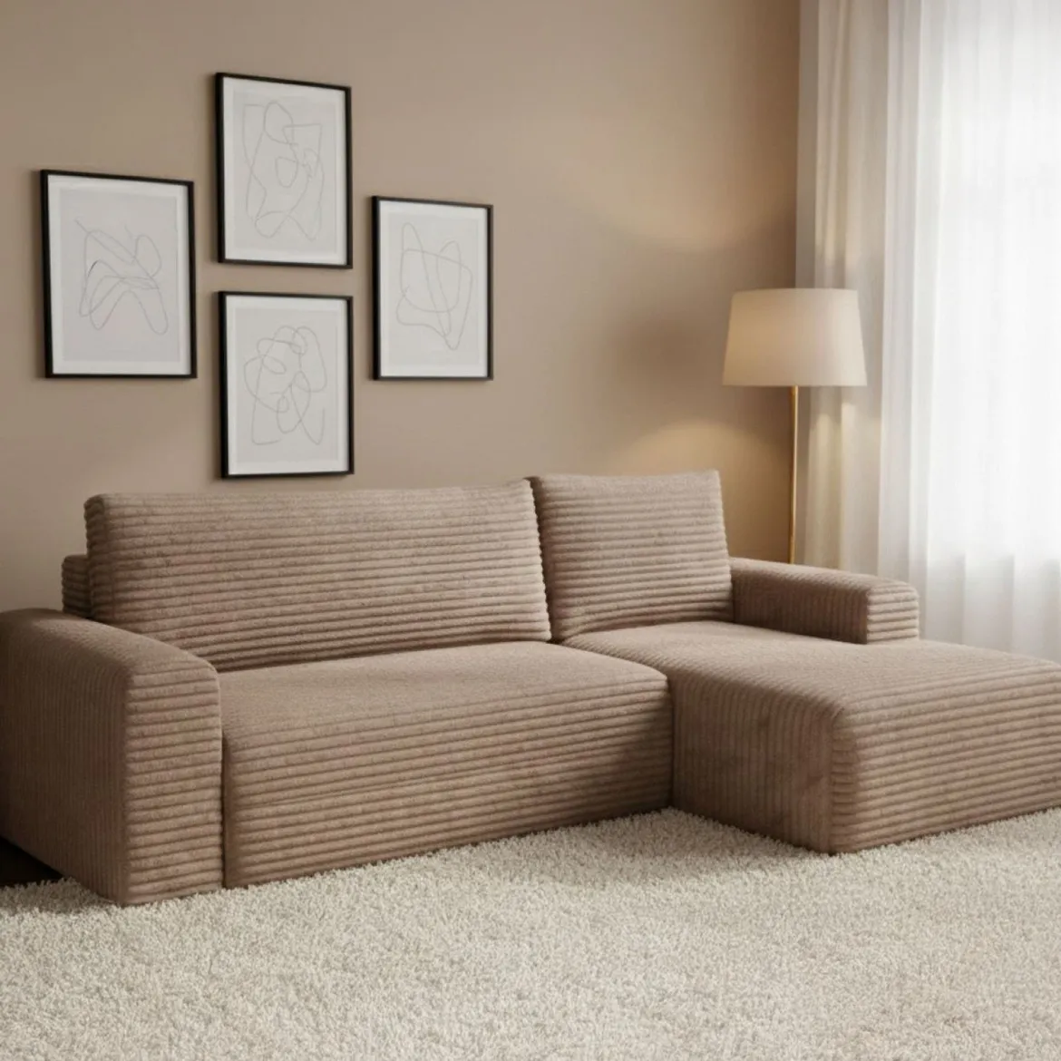 Divano Letto con Penisola Beige Contenitore Reversibile 253x153 cm, Reclinabile - Paullo