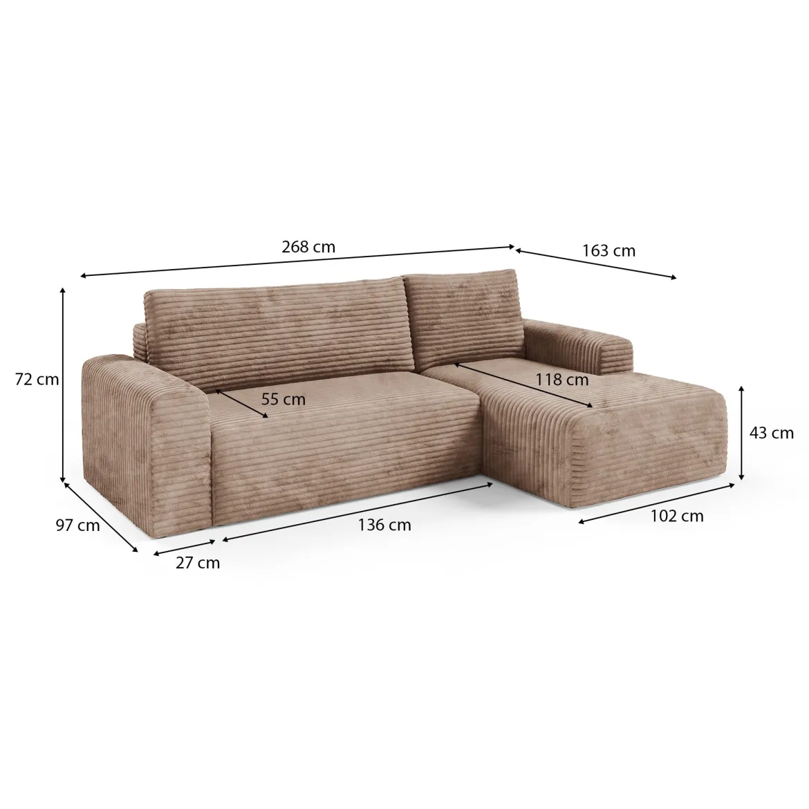 Divano Letto con Penisola Beige Contenitore Reversibile 253x153 cm, Reclinabile - Paullo