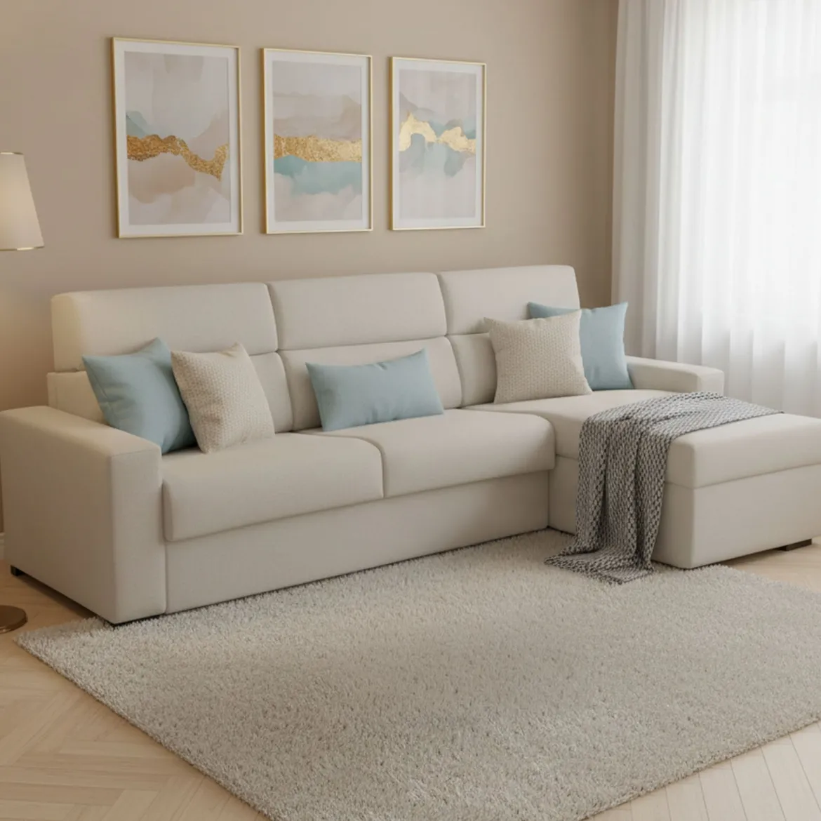 Divano Letto con Penisola Beige Sfoderabile Contenitore 280x160 cm, Idrorepellente Multiposizione Trasformabile in Letto Made in Italy - Pusiano