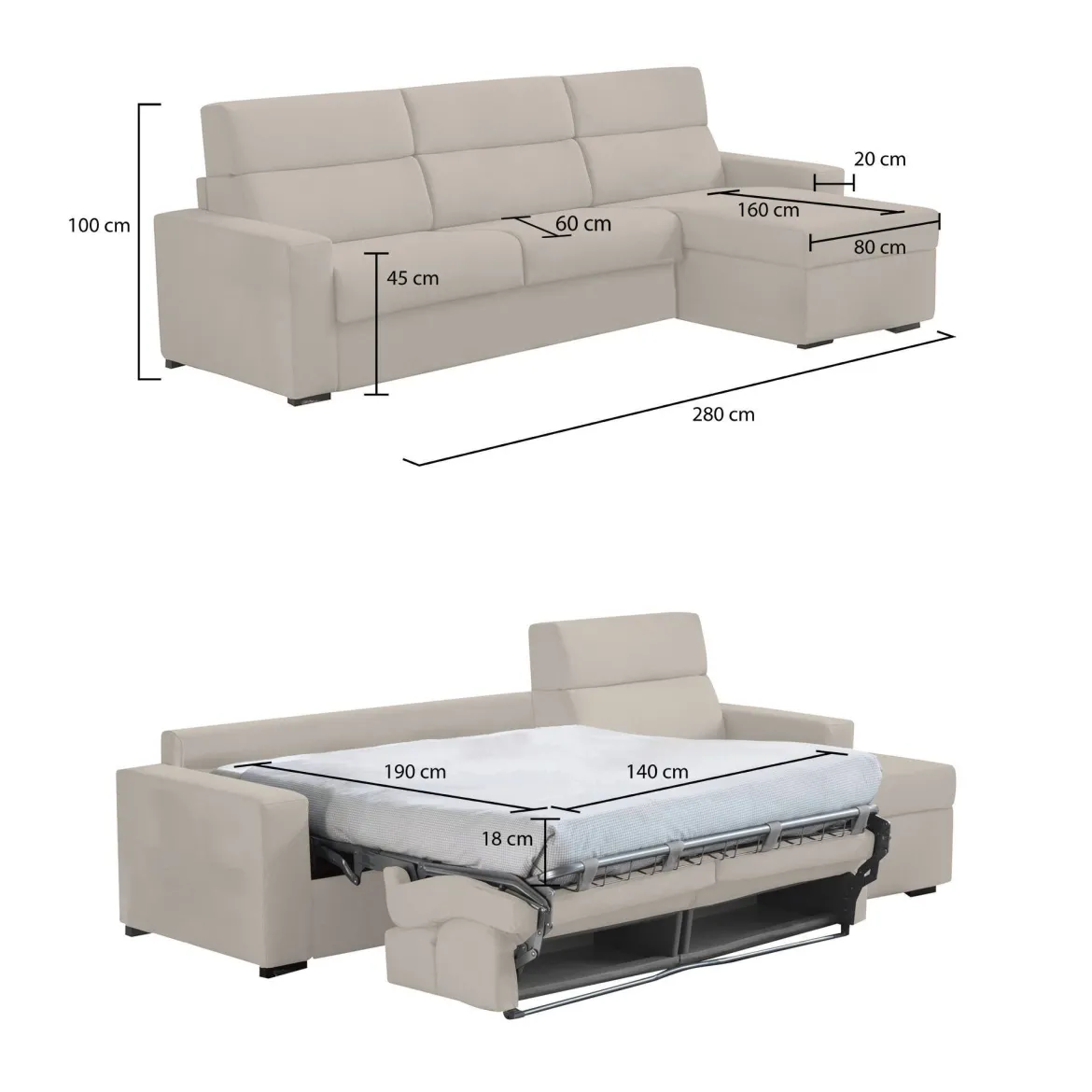 Divano Letto con Penisola Beige Sfoderabile Contenitore 280x160 cm, Idrorepellente Multiposizione Trasformabile in Letto Made in Italy - Pusiano