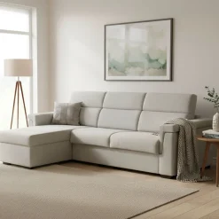 Divano Letto con Penisola Beige Sfoderabile Contenitore 285x160 cm, Idrorepellente Multiposizione Trasformabile in Letto Made in Italy - Esca