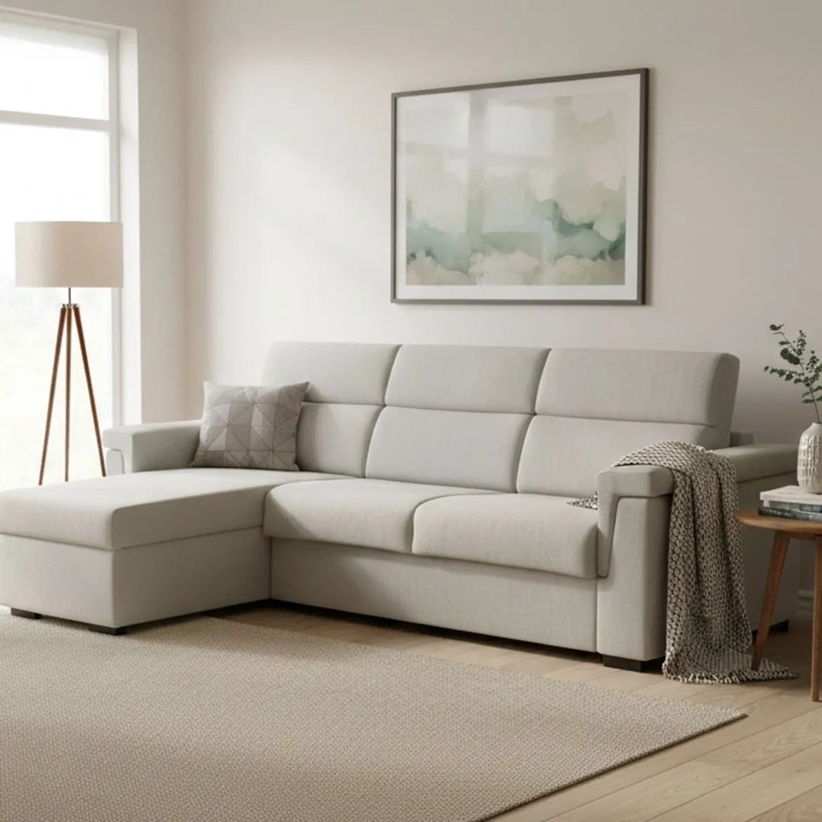 Divano Letto con Penisola Beige Sfoderabile Contenitore 285x160 cm, Idrorepellente Multiposizione Trasformabile in Letto Made in Italy - Ganzaria