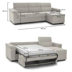 Divano Letto con Penisola Beige Sfoderabile Contenitore 285x160 cm, Idrorepellente Multiposizione Trasformabile in Letto Made in Italy - Ganzaria