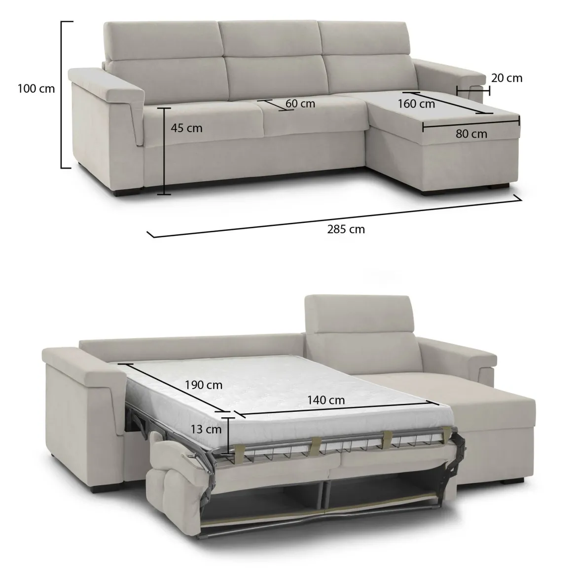 Divano Letto con Penisola Beige Sfoderabile Contenitore 285x160 cm, Idrorepellente Multiposizione Trasformabile in Letto Made in Italy - Ganzaria