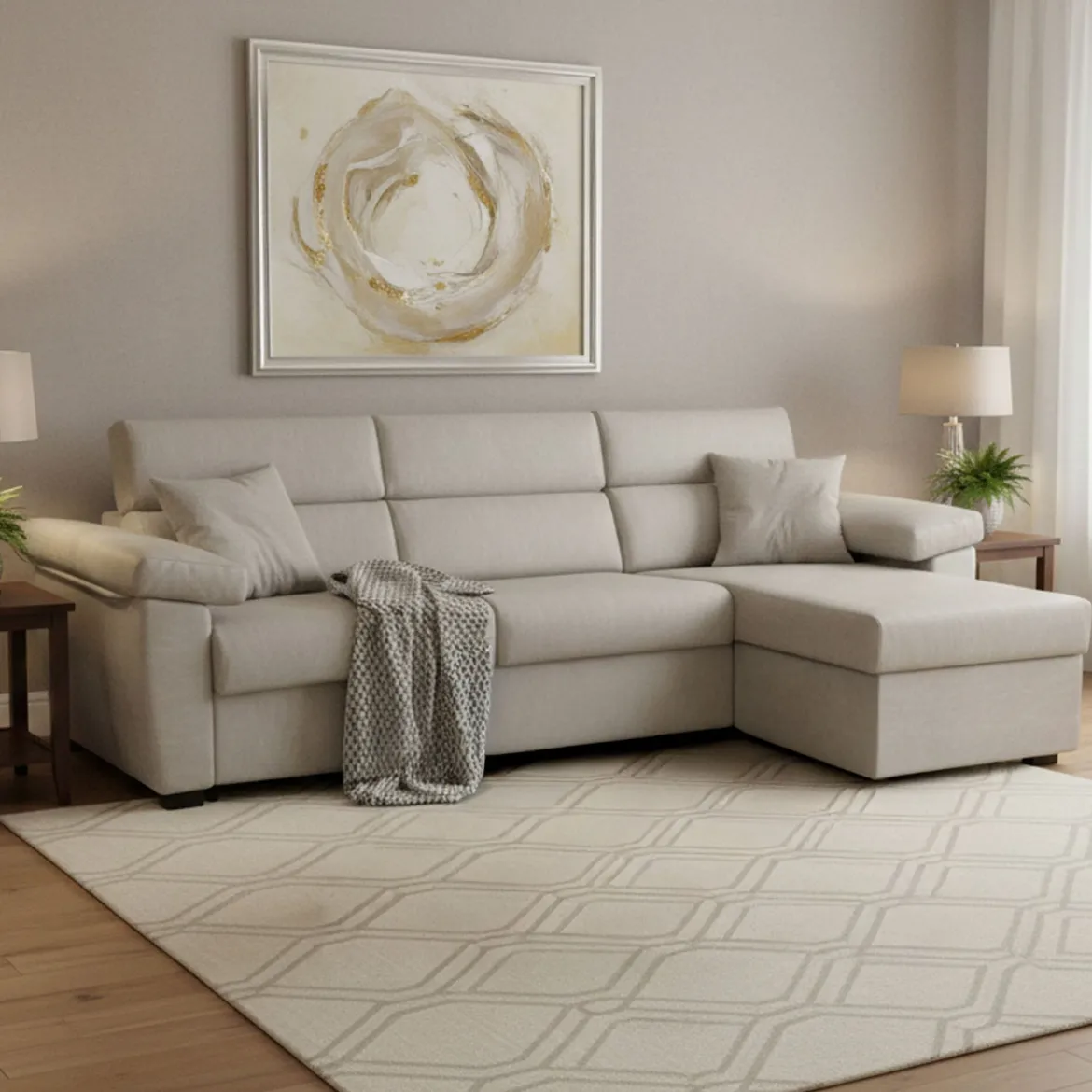 Divano Letto con Penisola Beige Sfoderabile Contenitore 285x160 cm, Idrorepellente Multiposizione Trasformabile in Letto Made in Italy - Tolle