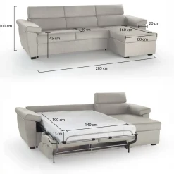 Divano Letto con Penisola Beige Sfoderabile Contenitore 285x160 cm, Idrorepellente Multiposizione Trasformabile in Letto Made in Italy - Tolle