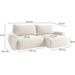 Divano Letto con Penisola Bianco Crema Contenitore Reclinabile 253x153 cm, Reversibile - Paullo