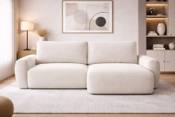 Divano Letto con Penisola Bianco Crema Contenitore Reclinabile 253x153 cm, Reversibile - Paullo