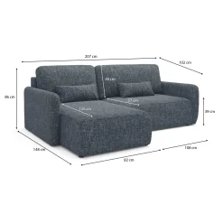 Divano Letto con Penisola blu Contenitore Reclinabile 229x148 cm, Cuscini Sfoderabili - Rezzo