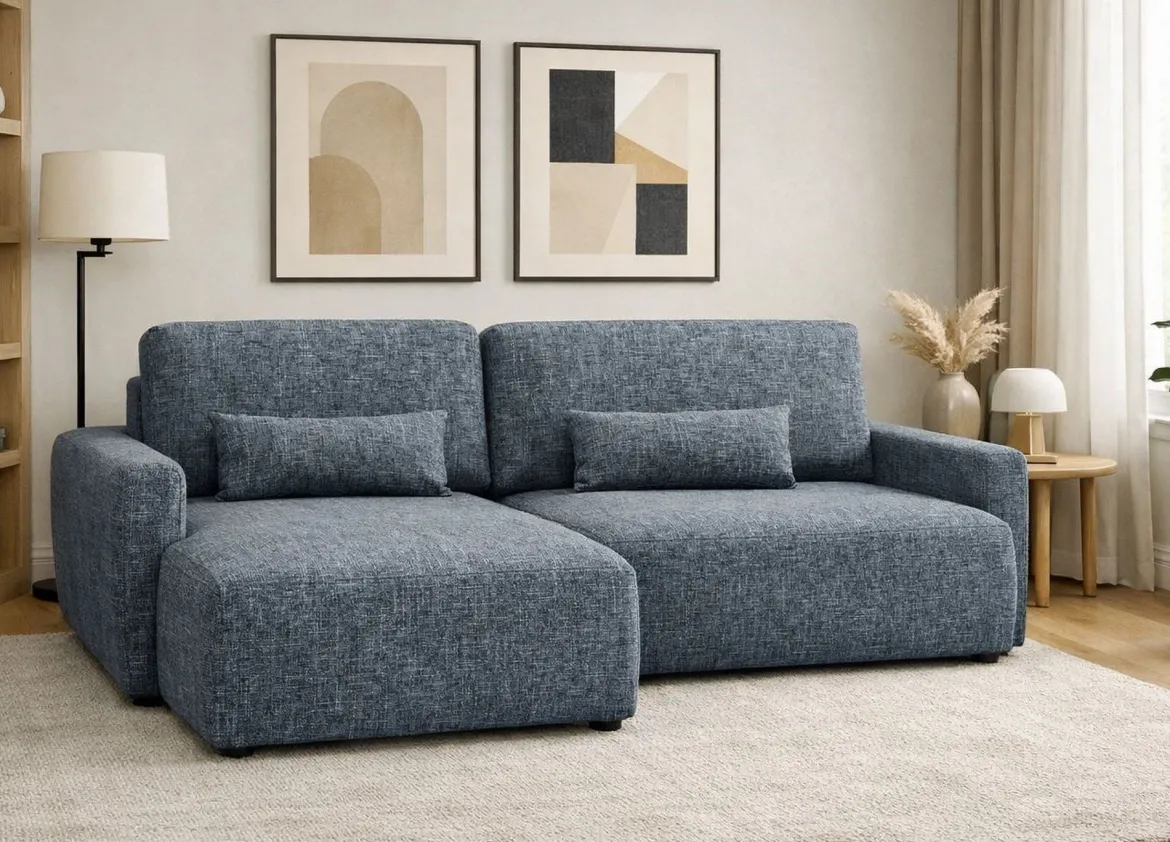Divano Letto con Penisola blu Contenitore Reclinabile 229x148 cm, Cuscini Sfoderabili - Rezzo