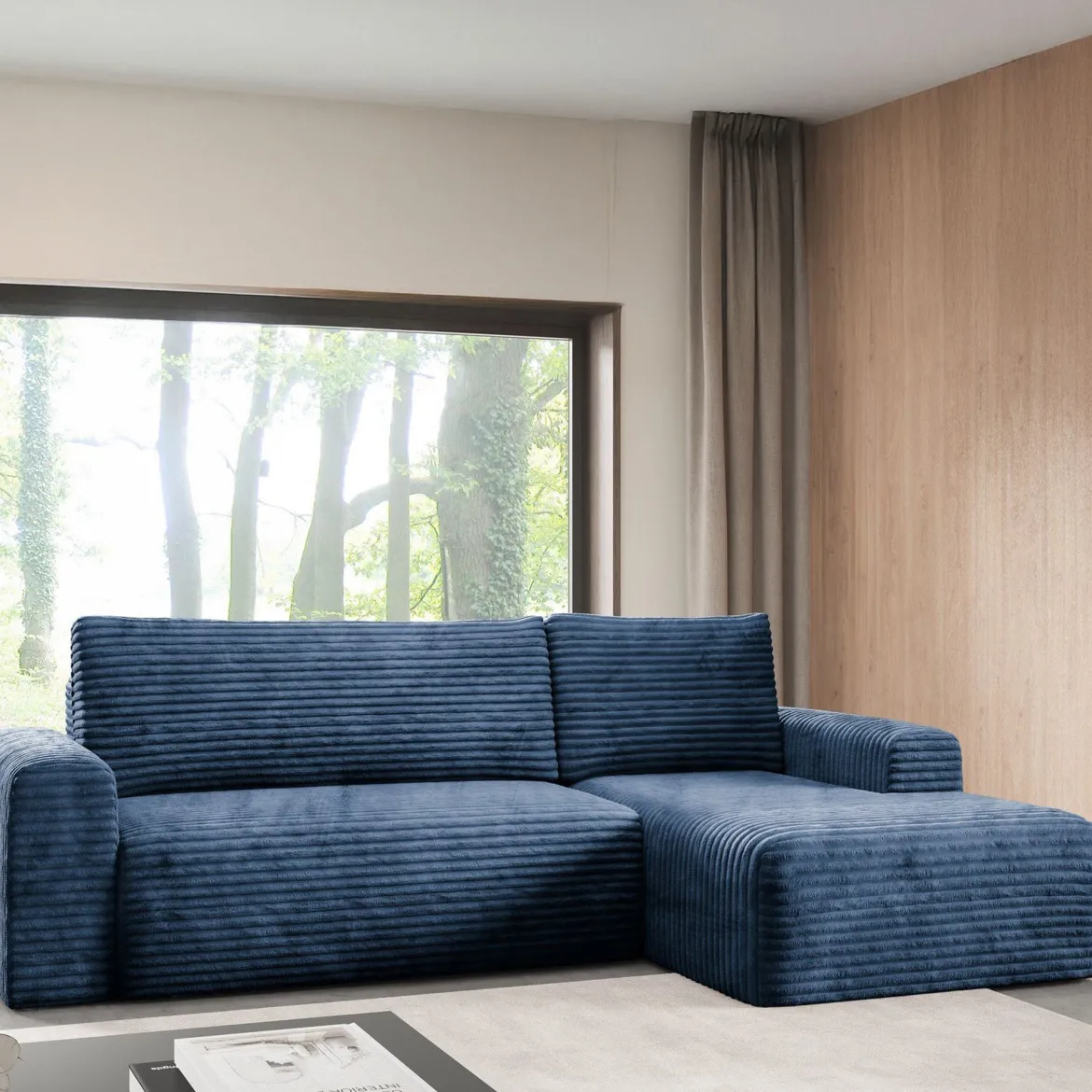 Divano Letto con Penisola blu Contenitore Reclinabile 268x163 cm, Cuscini Sfoderabili - Folgarida