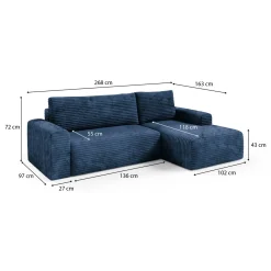Divano Letto con Penisola blu Contenitore Reclinabile 268x163 cm, Cuscini Sfoderabili - Folgarida