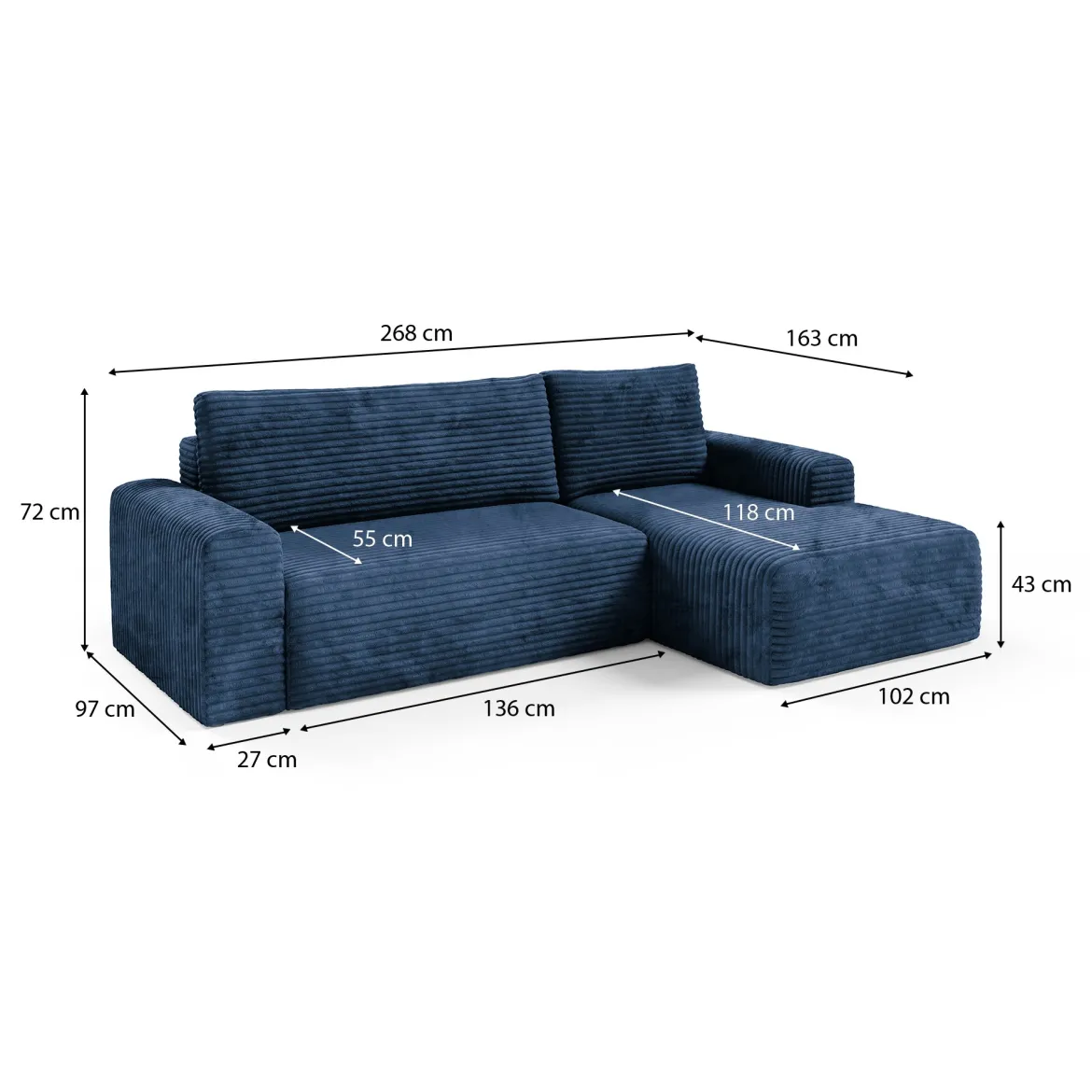 Divano Letto con Penisola blu Contenitore Reclinabile 268x163 cm, Cuscini Sfoderabili - Folgarida