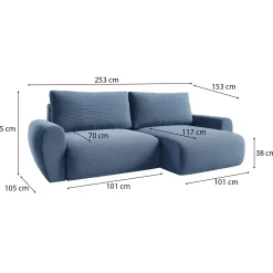 Divano Letto con Penisola blu Contenitore con Piedini 225x151 cm, Reclinabile - Aronix