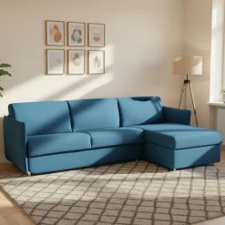 Divano Letto con Penisola blu Sfoderabile Contenitore 260x160 cm, Idrorepellente Multiposizione Trasformabile in Letto Made in Italy - Scordia