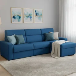 Divano Letto con Penisola blu Sfoderabile Contenitore 280x160 cm, Idrorepellente Trasformabile in Letto Rete Elettrosaldata Multiposizione - Celleno