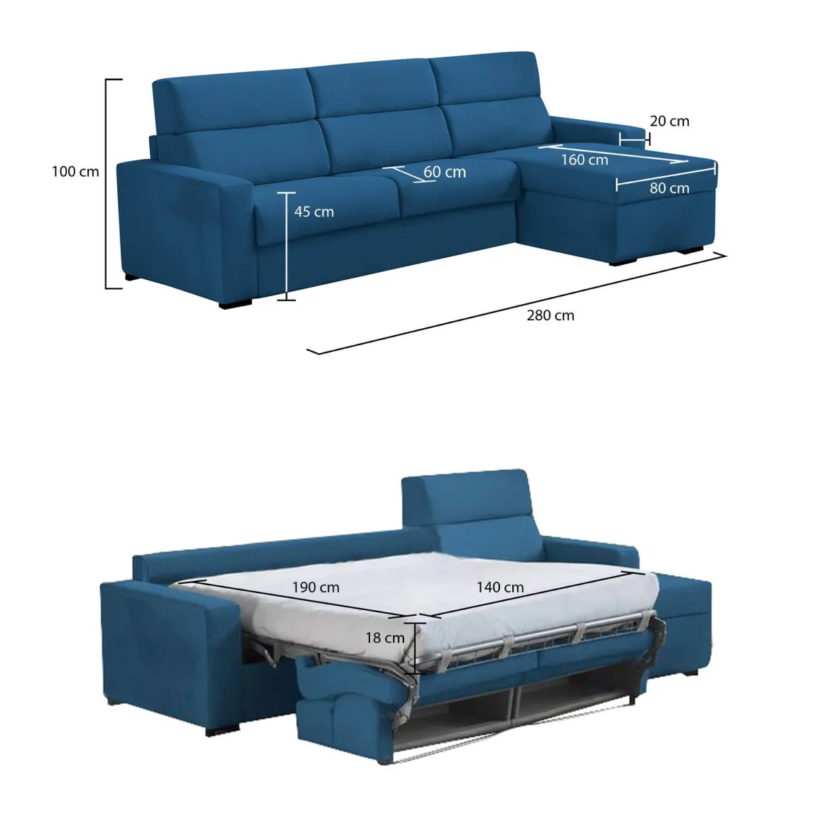 Divano Letto con Penisola blu Sfoderabile Contenitore 280x160 cm, Idrorepellente Trasformabile in Letto Rete Elettrosaldata Multiposizione - Celleno