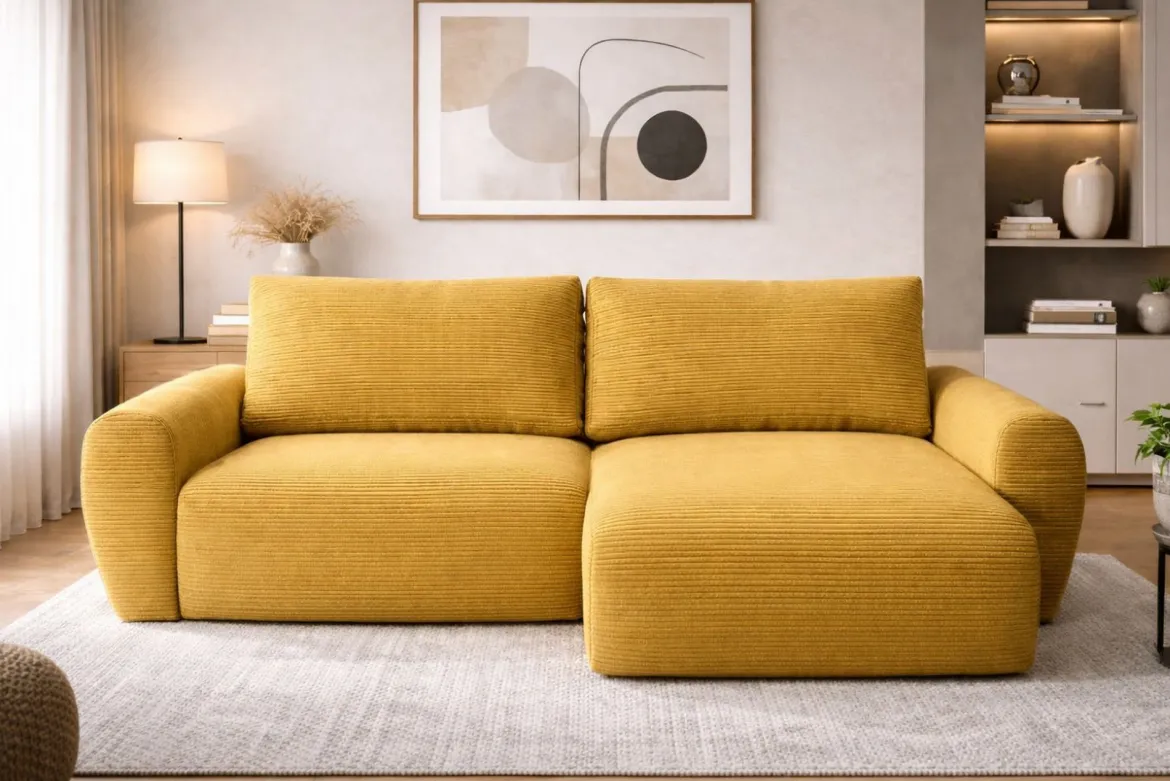 Divano Letto con Penisola Giallo Contenitore Reversibile 253x153 cm, Reclinabile - Paullo