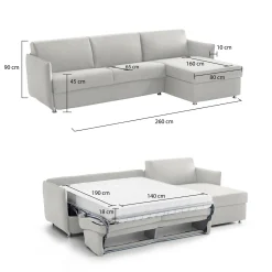 Divano Letto con Penisola Grigio Chiaro Multiposizione Sfoderabile 260x160 cm, Idrorepellente Contenitore Trasformabile in Letto Made in Italy
