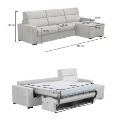 Divano Letto con Penisola Grigio Chiaro Sfoderabile Contenitore 285x160 cm, Idrorepellente Multiposizione Trasformabile in Letto Made in Italy