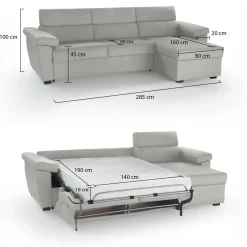 Divano Letto con Penisola Grigio Chiaro Sfoderabile Contenitore 285x160 cm, Idrorepellente Multiposizione Trasformabile in Letto Made in Italy - Tolle
