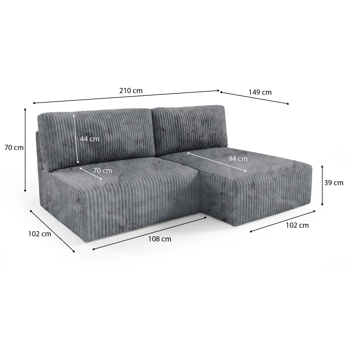 Divano Letto con Penisola Grigio Contenitore Cuscini Sfoderabili 210x149 cm, Reclinabile - Pergola