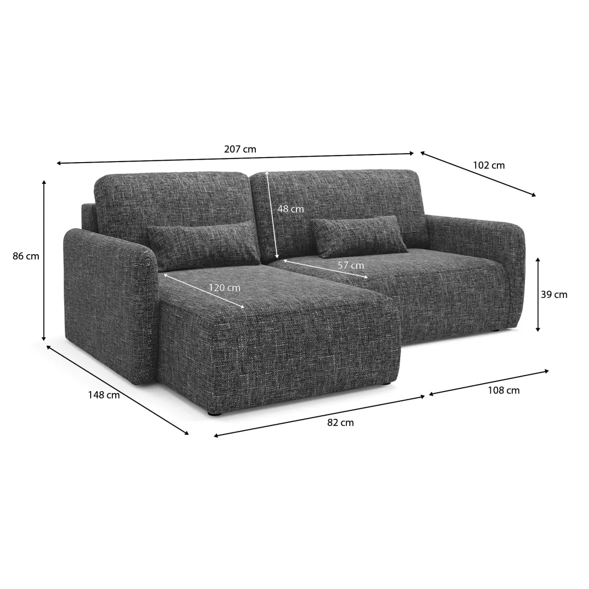 Divano Letto con Penisola Grigio Scuro Contenitore Reclinabile 245x185 cm, Reversibile - Ranco