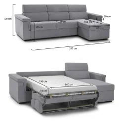 Divano Letto con Penisola Grigio Sfoderabile Contenitore 285x160 cm, Idrorepellente Multiposizione Trasformabile in Letto Made in Italy - Priverno