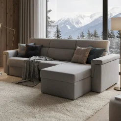 Divano Letto con Penisola Grigio Sfoderabile Contenitore 285x160 cm, Idrorepellente Multiposizione Trasformabile in Letto Made in Italy - Priverno