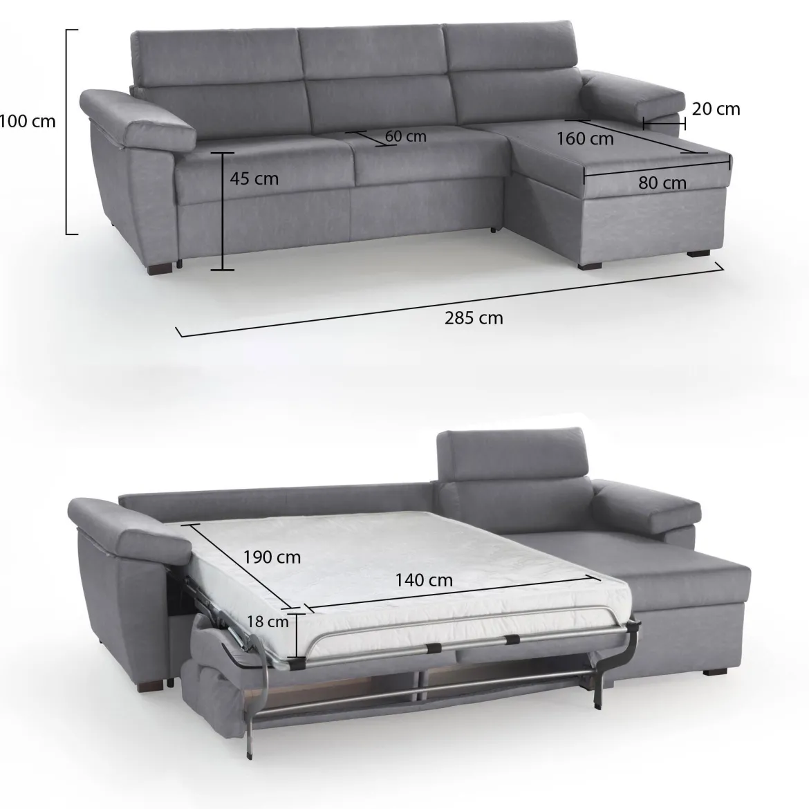 Divano Letto con Penisola Grigio Sfoderabile Contenitore 285x160 cm, Idrorepellente Multiposizione Trasformabile in Letto Made in Italy - Tolle