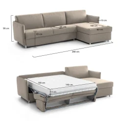Divano Letto con Penisola Grigio Tortora Sfoderabile Contenitore 280x160 cm, Idrorepellente Multiposizione Made in Italy - Celleno