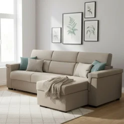 Divano Letto con Penisola Grigio Tortora Sfoderabile Contenitore 285x160 cm, Idrorepellente Multiposizione Trasformabile in Letto Made in Italy - Esca