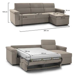 Divano Letto con Penisola Grigio Tortora Sfoderabile Contenitore 285x160 cm, Idrorepellente Trasformabile in Letto Made in Italy - Ganzaria
