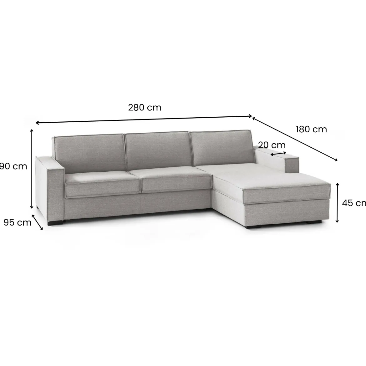 Divano letto con penisola grigio 280x95cm - Achico
