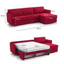 Divano Letto con Penisola Rosso Sfoderabile Contenitore 280x160 cm, Idrorepellente Multiposizione Trasformabile in Letto Made in Italy - Celleno