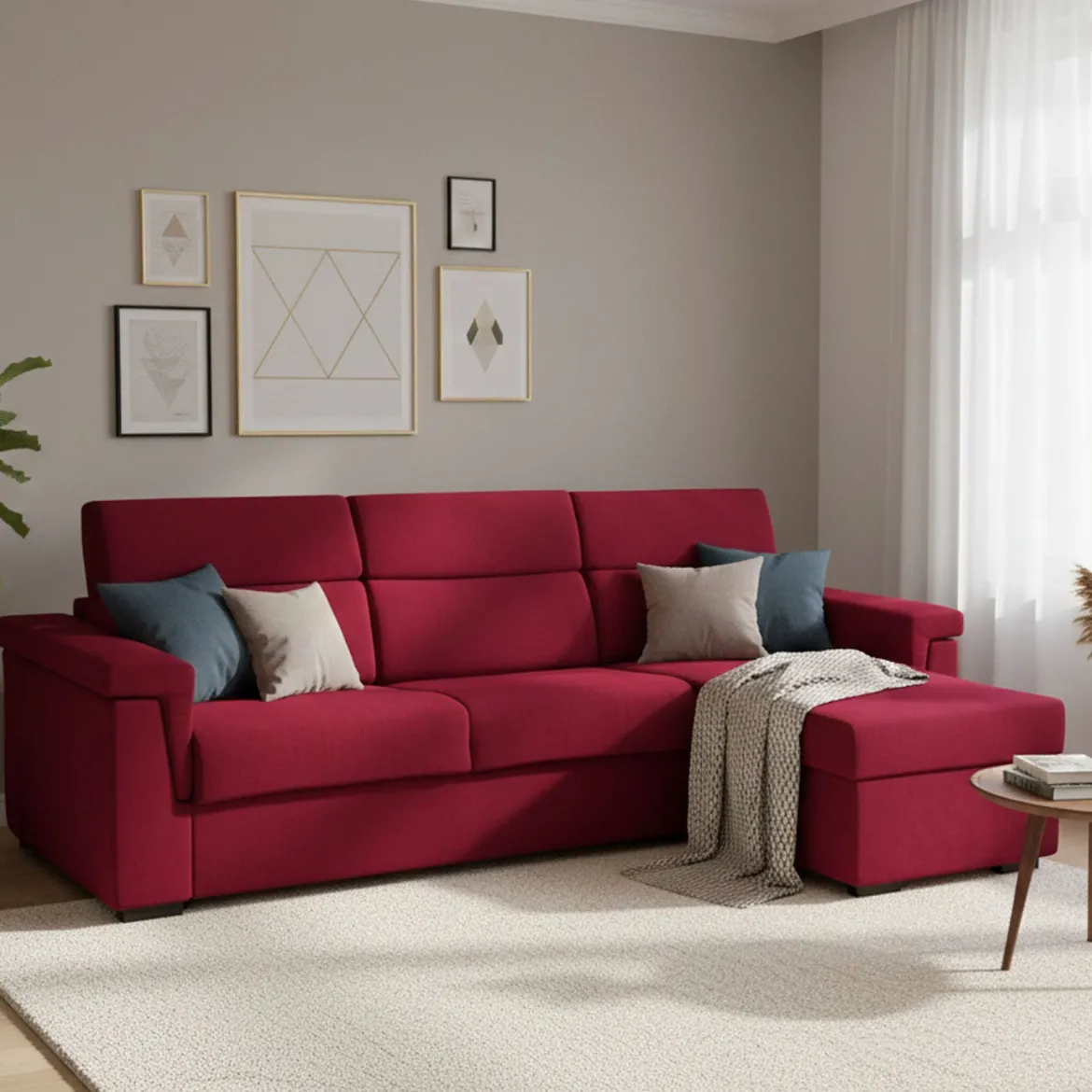Divano Letto con Penisola Rosso Sfoderabile Contenitore 285x160 cm, Idrorepellente Multiposizione Trasformabile in Letto Made in Italy - Esca